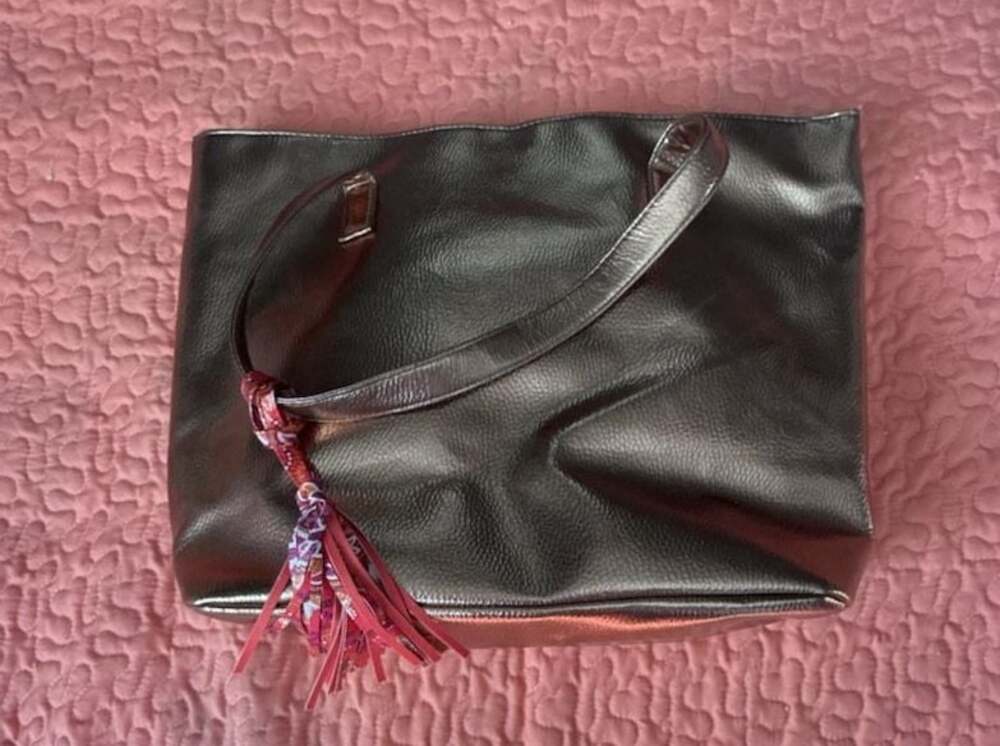 Victoria's Secret Metallic Bronze Faux Leather Tote Bag with Colorful Tassel
